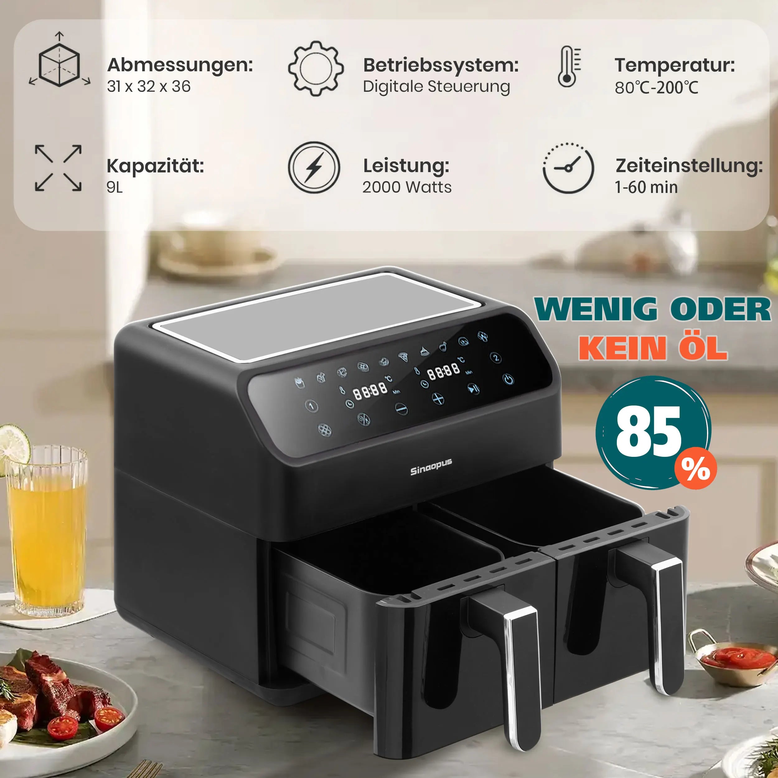 Sinaopus Friggitrice ad aria calda 2000W 9L XXL con doppio scomparto, timer, touchscreen LED, forno elettrico senza olio, formato famiglia
