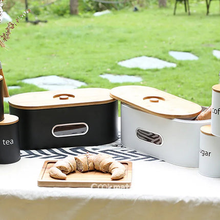 Metal Airtight Container Set for Coffee, Tea, and Sugar with Bamboo Lids, 3 Countertop Jars
