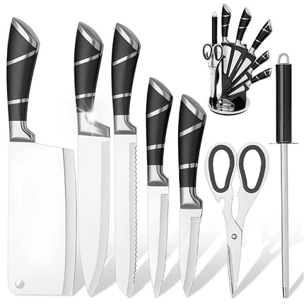 Set di 9 coltelli da cucina neri con manico cavo in acciaio inossidabile, affilati, robusti, antiruggine, ad alta durezza, con blocco porta coltelli per la casa