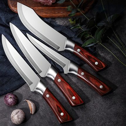 Set di 4 coltelli da macellaio ZENG in acciaio inossidabile con manico in simil-legno rosso e fodere in pelle per la cucina