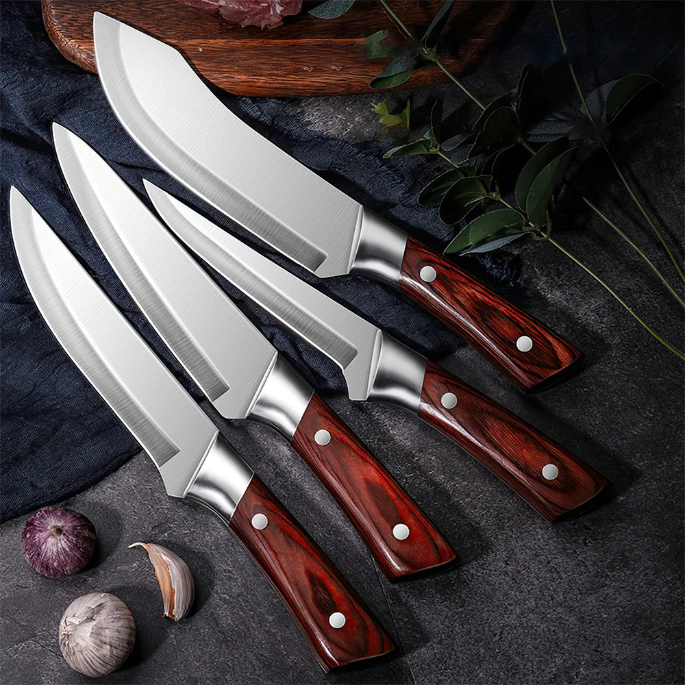 ZENG 4-teiliges Edelstahl-Fleischermesser-Set mit rotem Kunstholzgriff und Lederscheiden für die Küche
