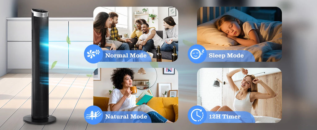 Aigostar Digitaler Turmventilator mit Fernbedienung/12-Stunden-Timer. 4 Modi und 3 einstellbare Geschwindigkeiten. 45W Leistung, 65° Oszillation, 93CM, für Zuhause und Büro, Schwarz
