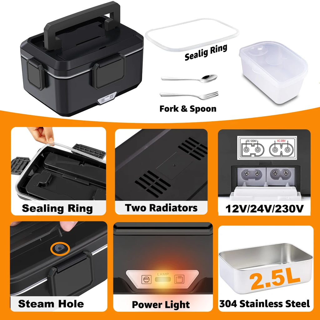 Elektrische Brotdose 80W, 2.5L Tragbarer Speisewärmer, Dual-Use 12V Auto und 220V Zuhause, Auslaufsicherer Edelstahl mit Kühltasche und Besteck