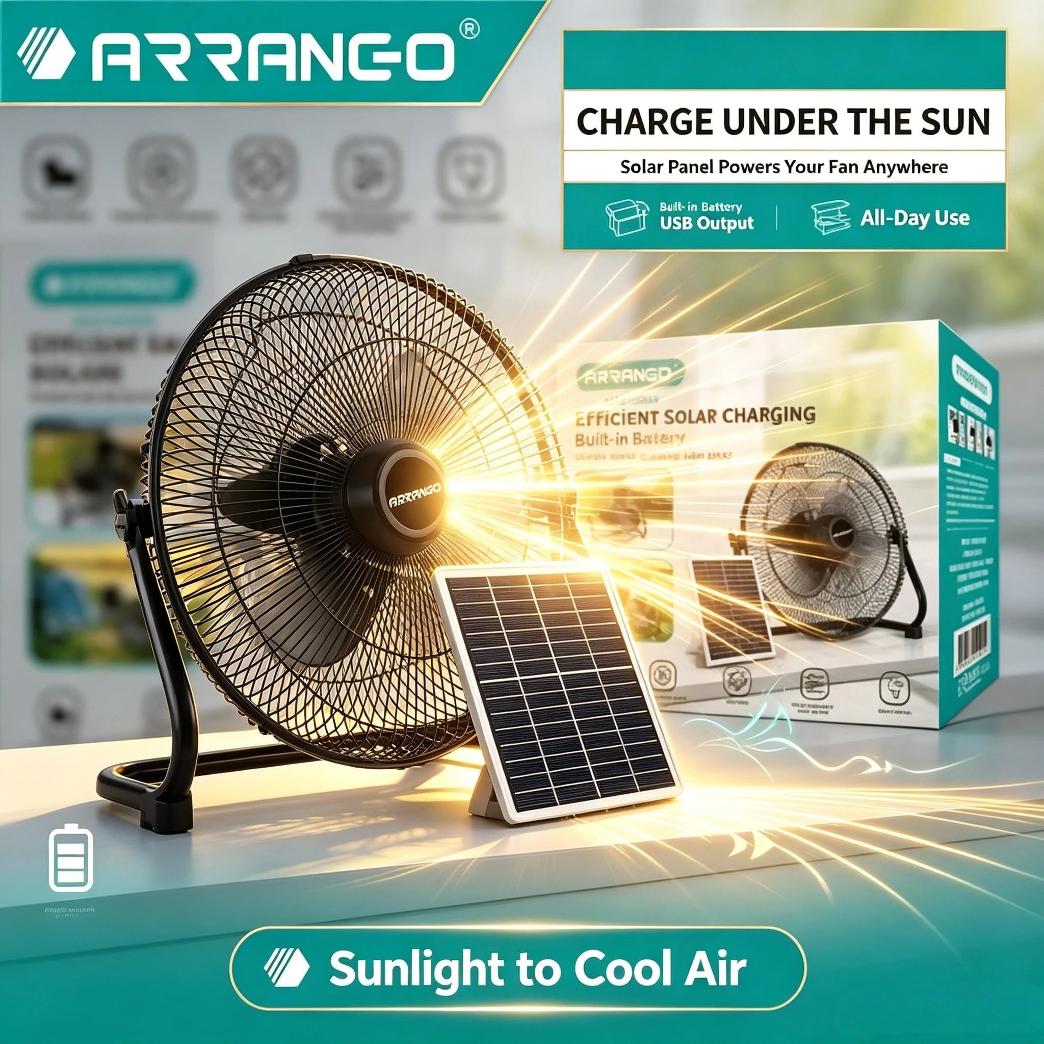 Arrango Solarbetriebener Standventilator, neigbar, leise, 3 Geschwindigkeiten, mit abnehmbarem Solarpanel für Wohnmobil, Angeln, Kühlung bei Stromausfall oder außerhalb des Stromnetzes