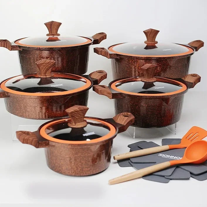 DONNOR Set di Pentole 6/15 Pezzi Pentola per Zuppa Antiaderente Pentola per Stufato con Coperchio in Vetro Pentole per Cappotto Sano in Granito per Stufe da Cucina Universali