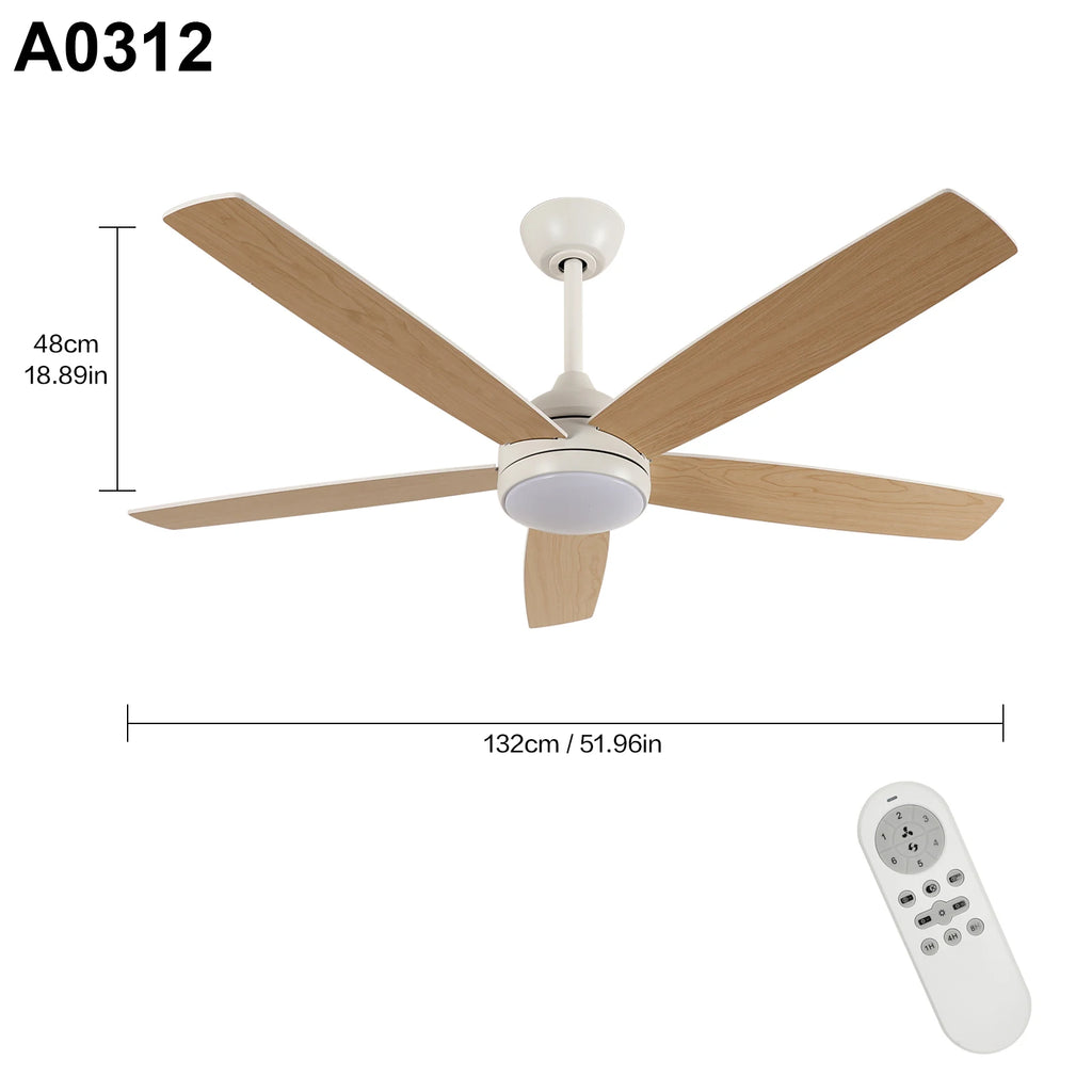 Ventilatore da Soffitto 52'' per Piccoli Ambienti: Ventilatori da Soffitto Moderni con Luce e Telecomando - Motore DC Reversibile Silenzioso Dimmerabile con 6 Velocità