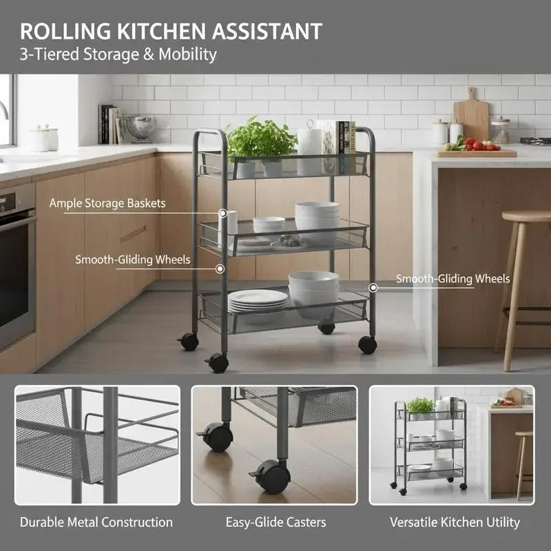 Carrello da Cucina a 3 Ripiani Grigio, 46x26x64 Cm, Materiale in Ferro, Struttura Robusta e Spessa, Organizzazione a Strati, Ruote Universali Flessibili, Antiruggine e Resistente all'Usura, Facile Installazione, Organizzatore