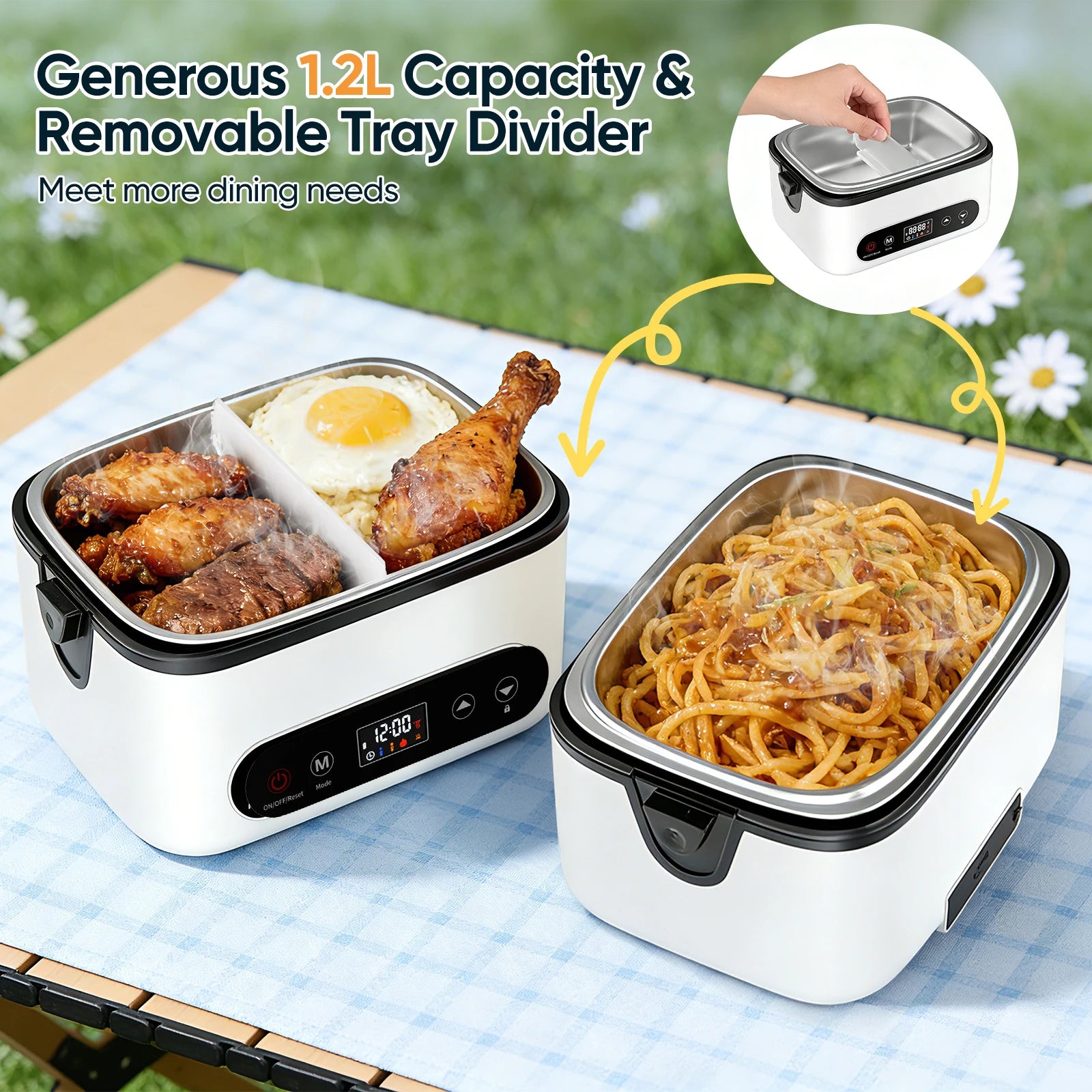 Tragbarer kabelloser Speisenwärmer 100/80/60W, schnelle Erwärmung, große Kapazität 1/1.2L, 4 Heizmodi mit Timer, 12000mAh für Büro und Reisen