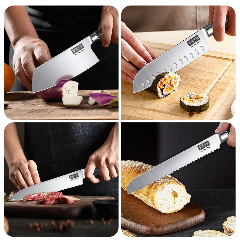 Professionelles 10-teiliges Küchenmesser-Set Chefmesser Tranchiermesser Hochkohlenstoffstahl Superscharfer Holzgriff Geschenkbox