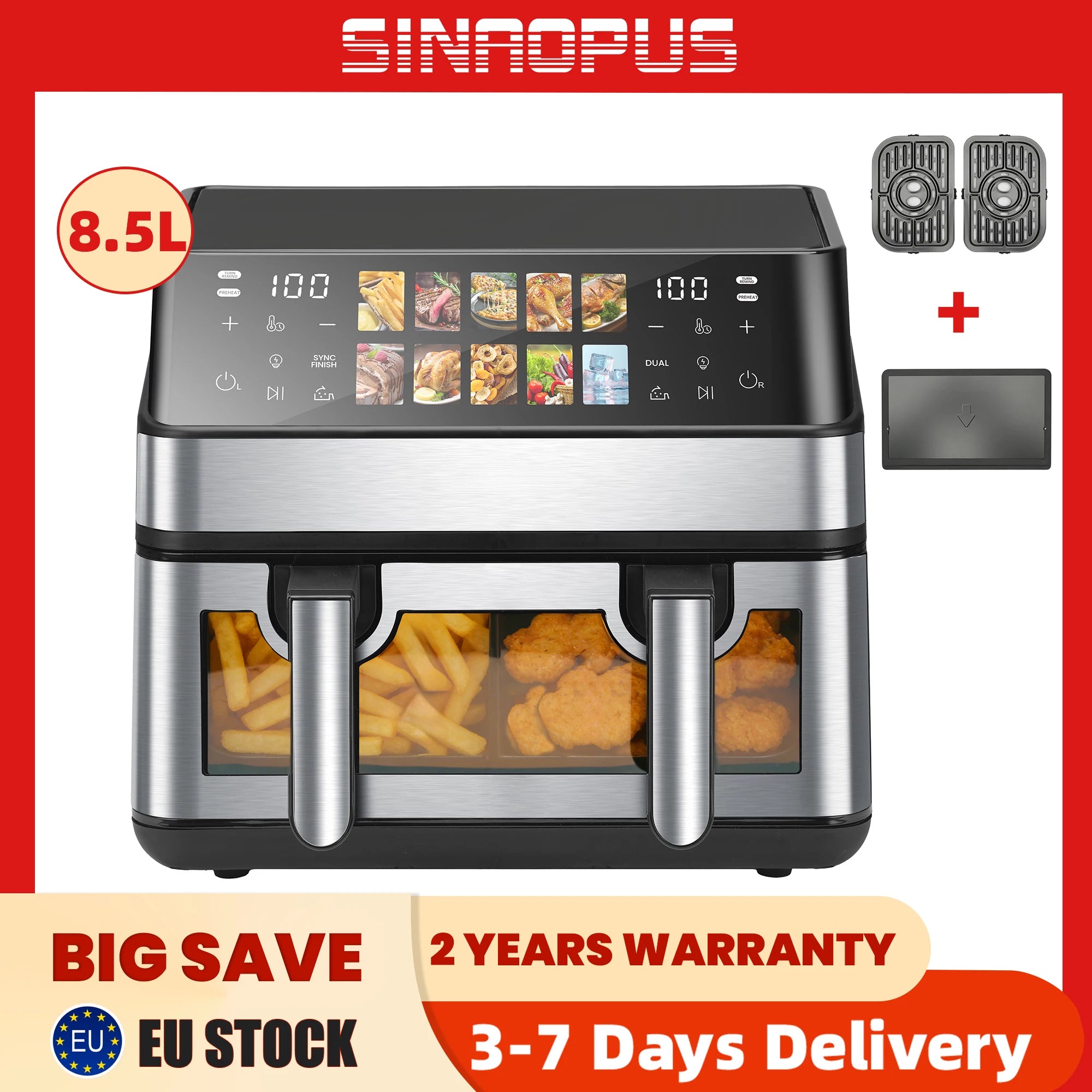 Friggitrice ad Aria Calda 8.5 L 2000 W con Finestra di Visualizzazione LED Touch e 10 Programmi