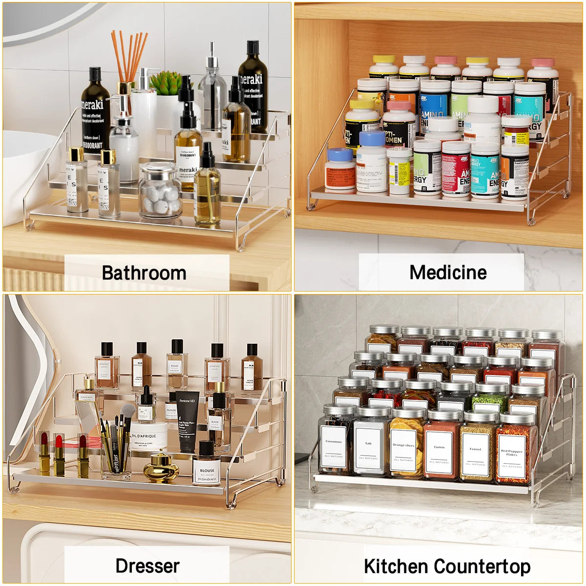 4-stöckiges Stand-Gewürzregal aus Edelstahl für die Küche, Einbau-Kräutertiegelhalter, Wand-Organizer