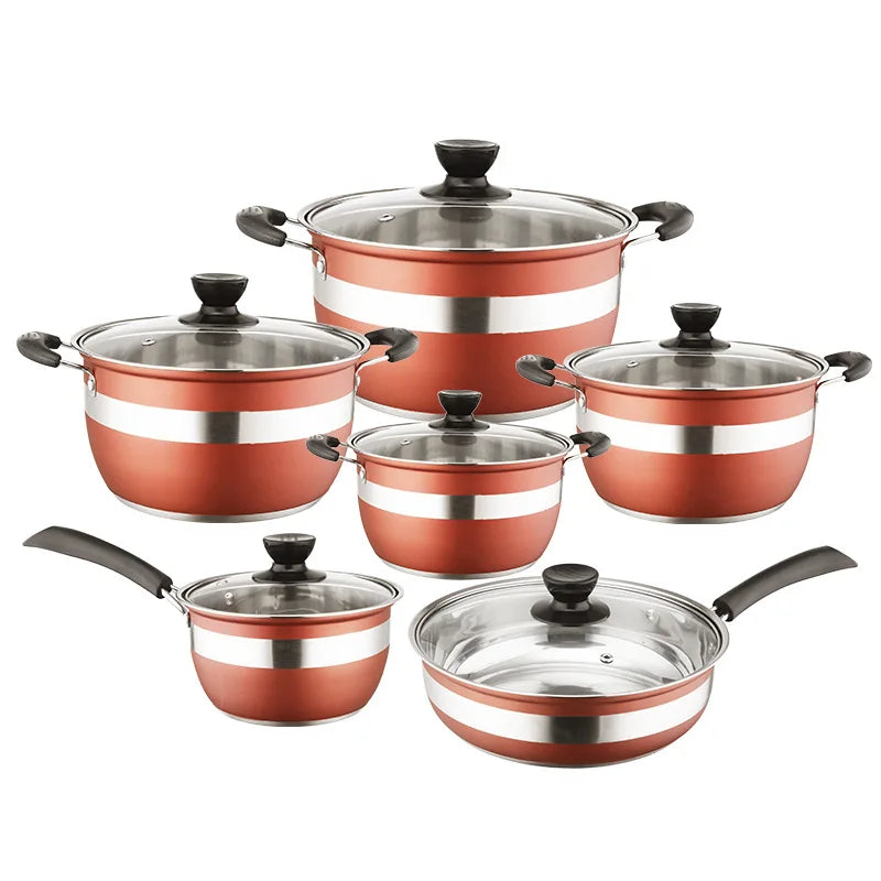 Set di Pentole Antiaderenti da 12 Pezzi in Acciaio Inox Premium con Coperchi in Vetro per Cucina Domestica