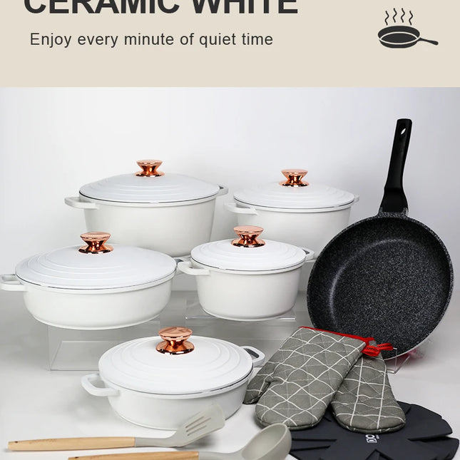 DONNOR 18 Pieces Nonstick Die Casting Aluminum Cookware Set Large Dutch Oven Pot with Lid and Handle for All Stoves Durable Casserole JT274