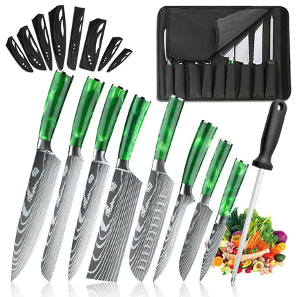 Set of 8 ZENG knives in sharp and durable stainless steel, with green resin handle, portable nylon bag, kitchen tools for home and gift