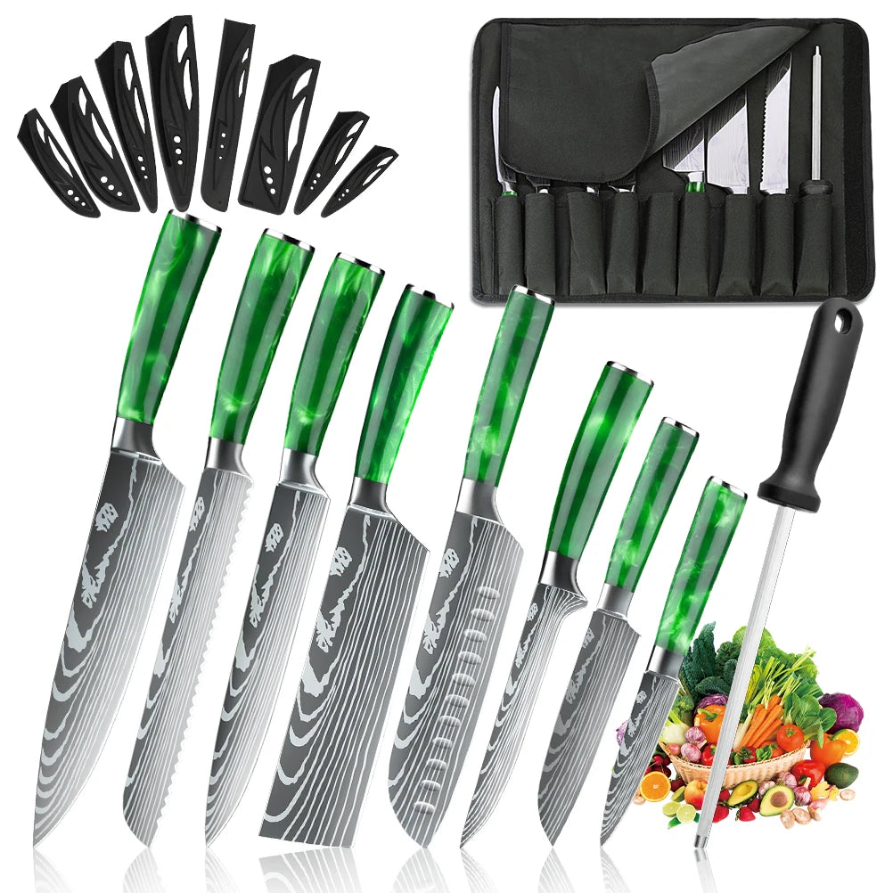 Set mit 8 scharfen und langlebigen ZENG Edelstahlmessern, mit grünem Harzgriff, tragbarer Nylontasche, Küchenutensilien für Zuhause und als Geschenk