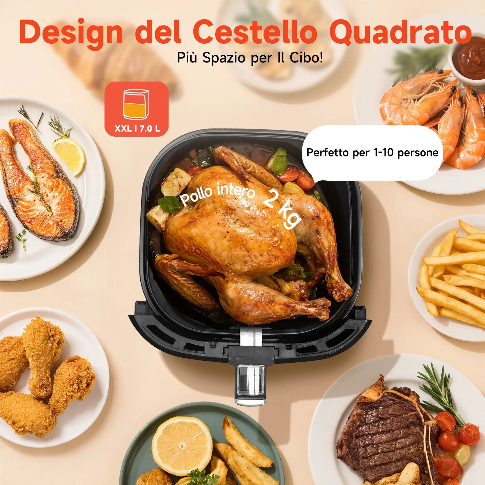 Aigostar Friggitrice ad aria 7 litri, 1900W, Nero, 7 programmi, Forno a convezione 360°