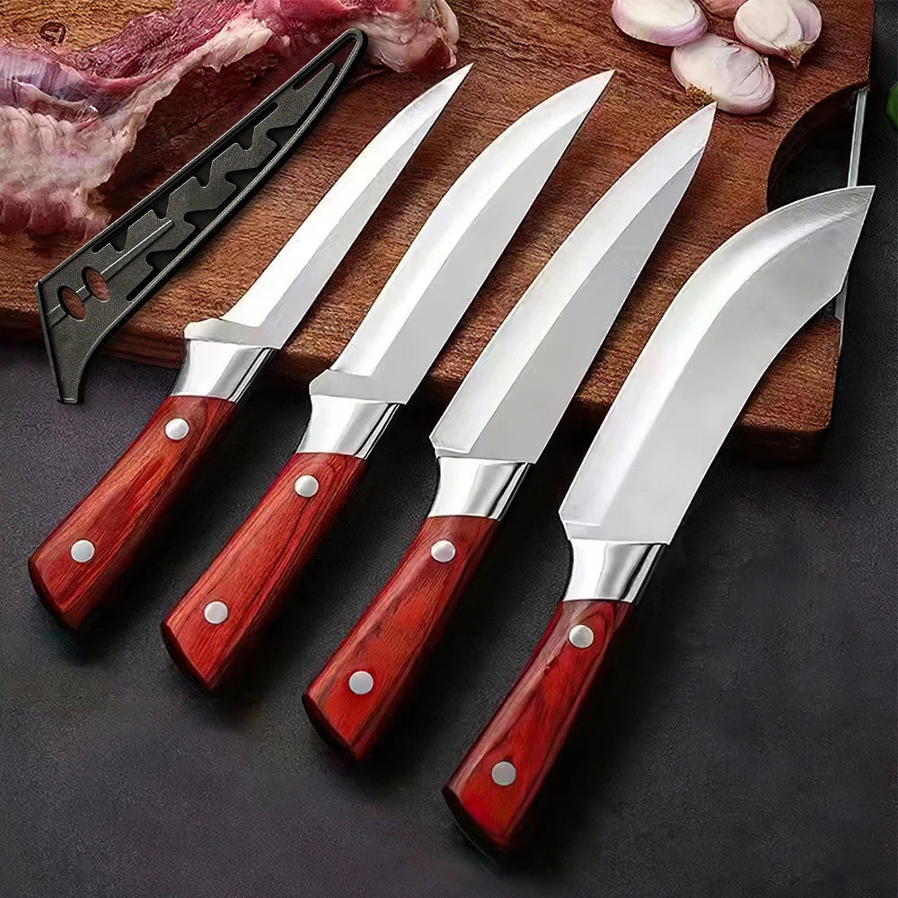 ZENG 4-teiliges Edelstahl-Fleischermesser-Set mit rotem Kunstholzgriff und Lederscheiden für die Küche