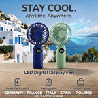 Mini Ventilatore USB con Display LED, Silenzioso 3 Velocità, Ricaricabile 1200mAh, Portatile da Scrivania per Ufficio Casa Viaggio, 2 Colori (Blu Marino/Verde Oliva)