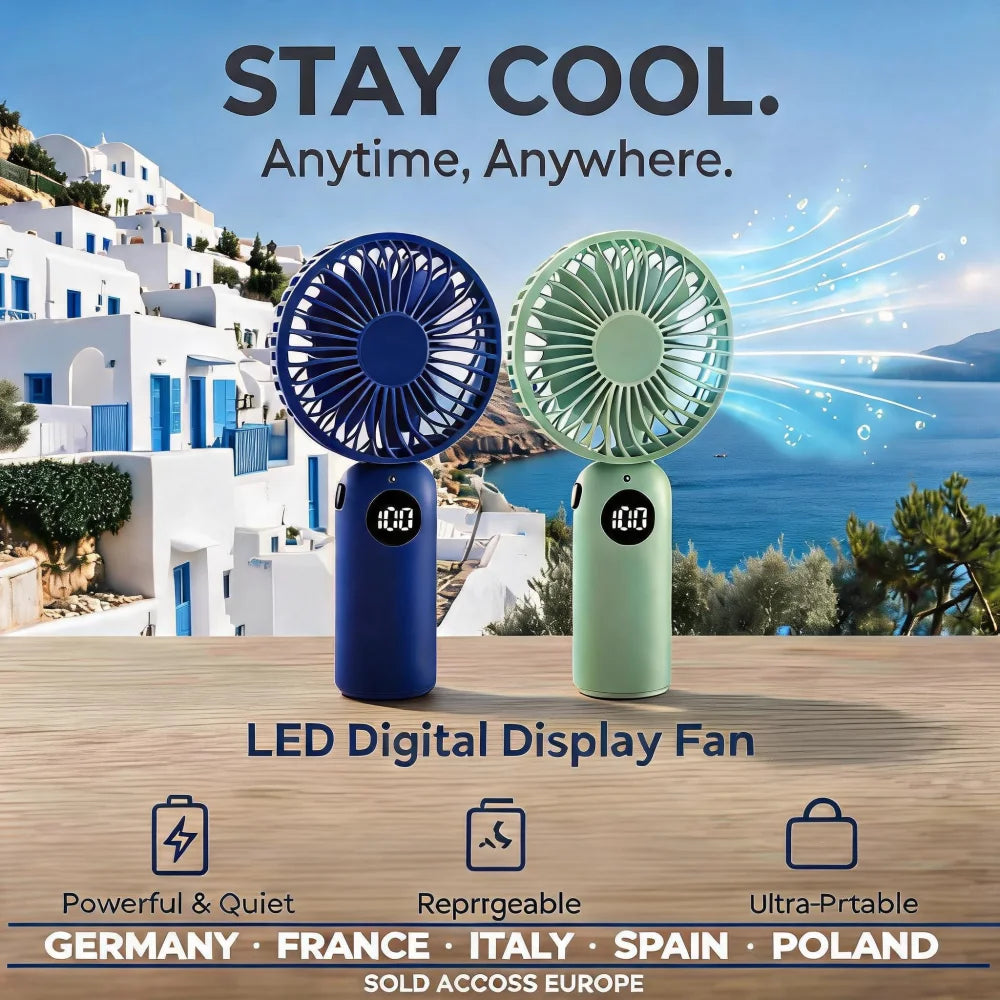 Mini Ventilatore USB con Display LED, Silenzioso 3 Velocità, Ricaricabile 1200mAh, Portatile da Scrivania per Ufficio Casa Viaggio, 2 Colori (Blu Marino/Verde Oliva)
