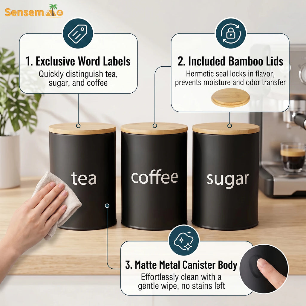 Set di Contenitori Ermetici in Metallo per Caffè, Tè e Zucchero con Coperchi in Bambù, 3 Barattoli per Piano di Lavoro