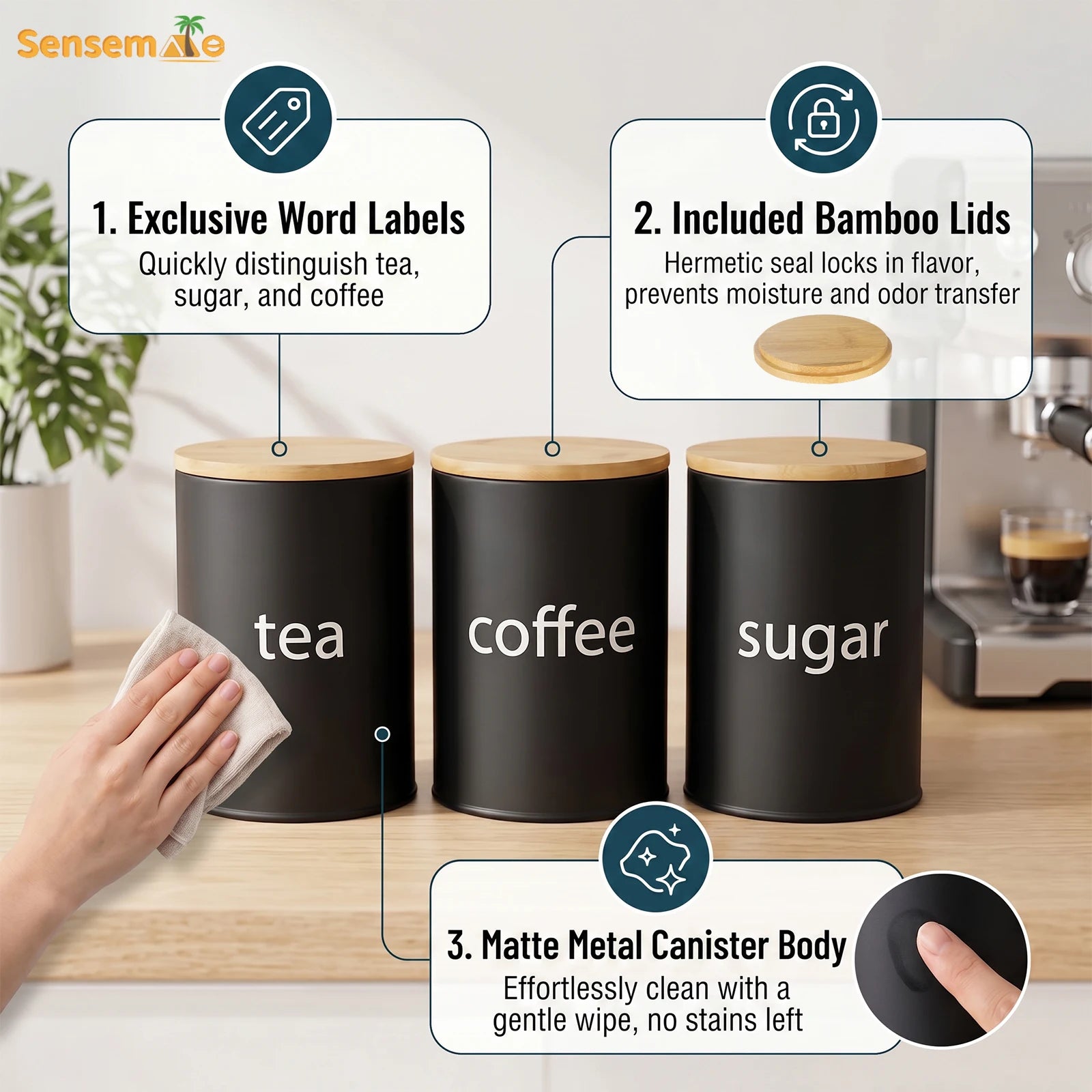 Set di Contenitori Ermetici in Metallo per Caffè, Tè e Zucchero con Coperchi in Bambù, 3 Barattoli per Piano di Lavoro