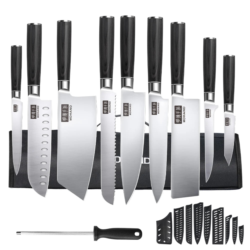 Professionelles 10-teiliges Küchenmesser-Set Chefmesser Tranchiermesser Hochkohlenstoffstahl Superscharfer Holzgriff Geschenkbox