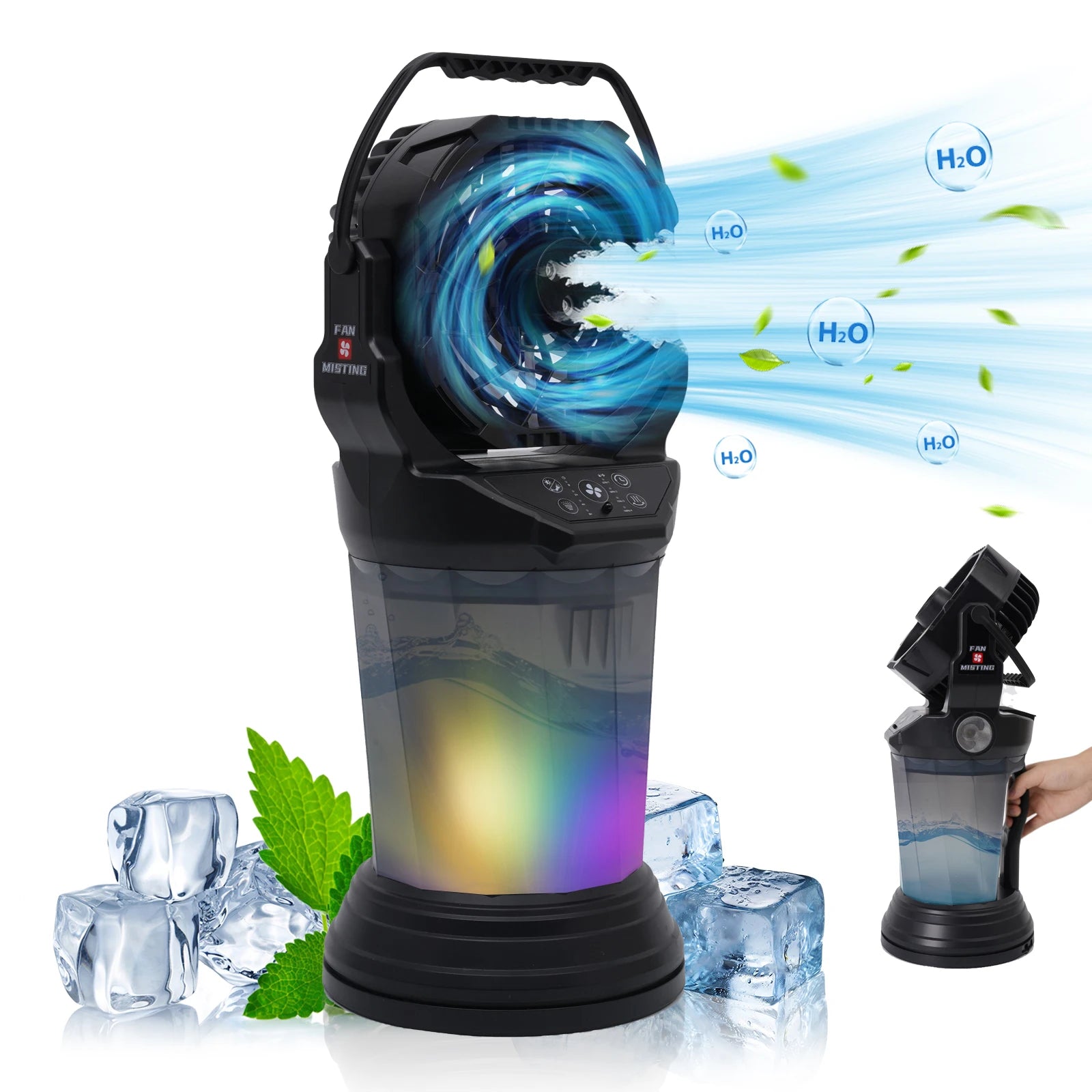 Ventilatore da campeggio per esterni da 15000 mAh con funzione spray, 4 velocità, luce LED e torcia, nero/arancione/verde