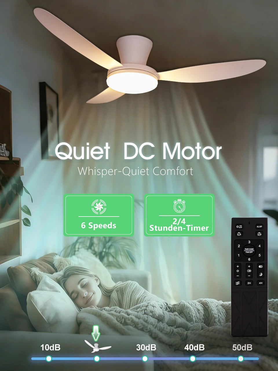 Ventilatore da Soffitto con Luce 42.91 Pollici, Motore DC Silenzioso a Risparmio Energetico, 3 Colori Variabili, 6 Velocità Regolabili, per Camera da Letto e Soggiorno