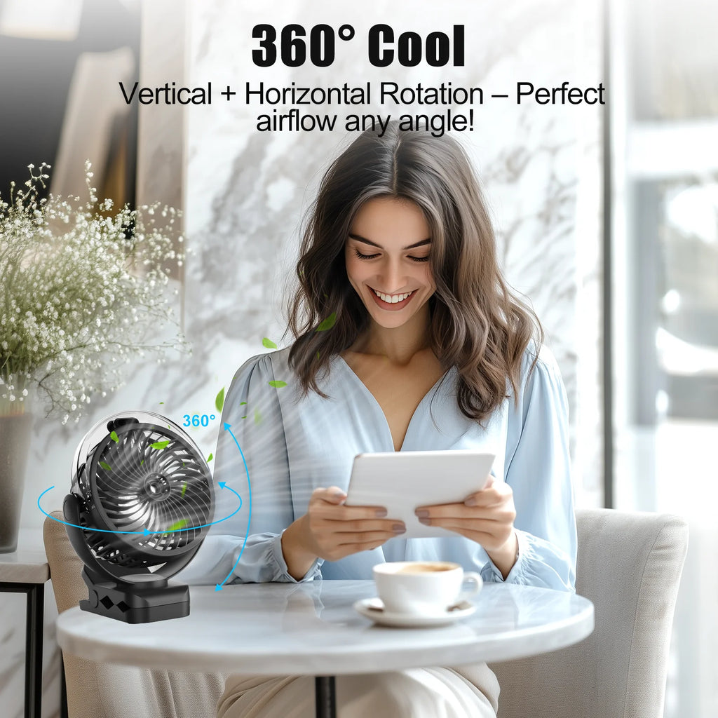 Ventilatore Portatile con Clip e Nebulizzatore, Ricaricabile, 3 Velocità, Display Digitale, Mini Umidificatore, Ventilatore da Scrivania Regolabile con 4000mA