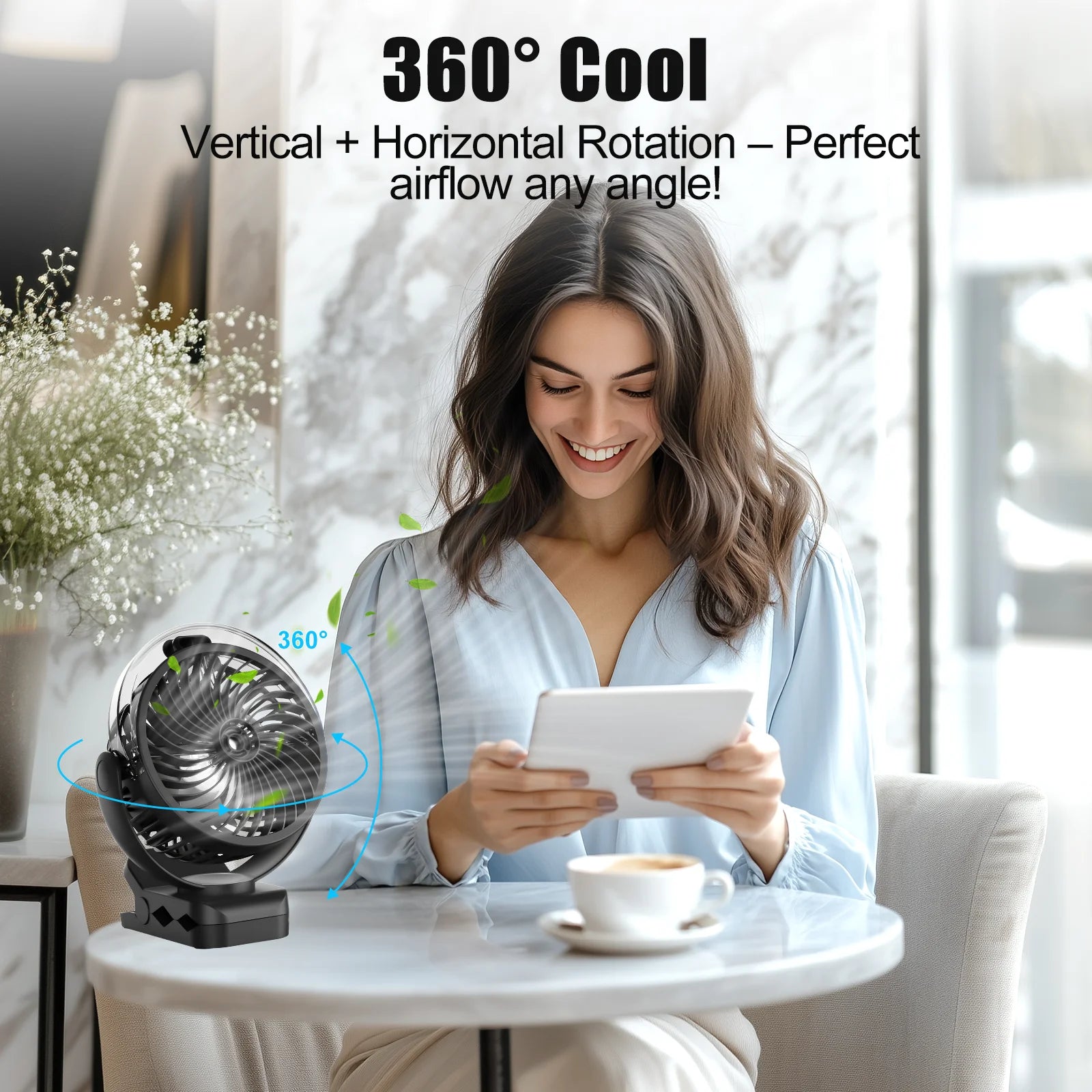 Ventilatore Portatile con Clip e Nebulizzatore, Ricaricabile, 3 Velocità, Display Digitale, Mini Umidificatore, Ventilatore da Scrivania Regolabile con 4000mA