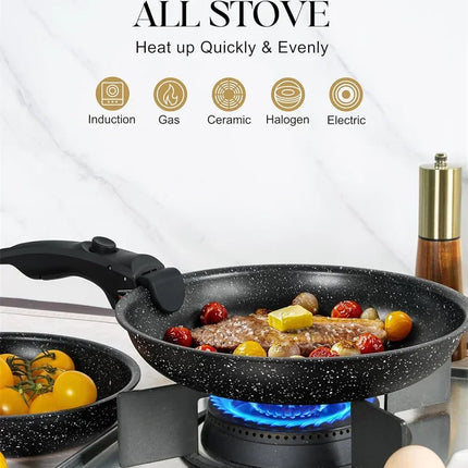 MICHELANGELO Set Padelle Antiaderenti con Manico Rimovibile, Rivestimento in Granito, Padelle Atossiche per Bistecche, Omelette, Adatte al Forno