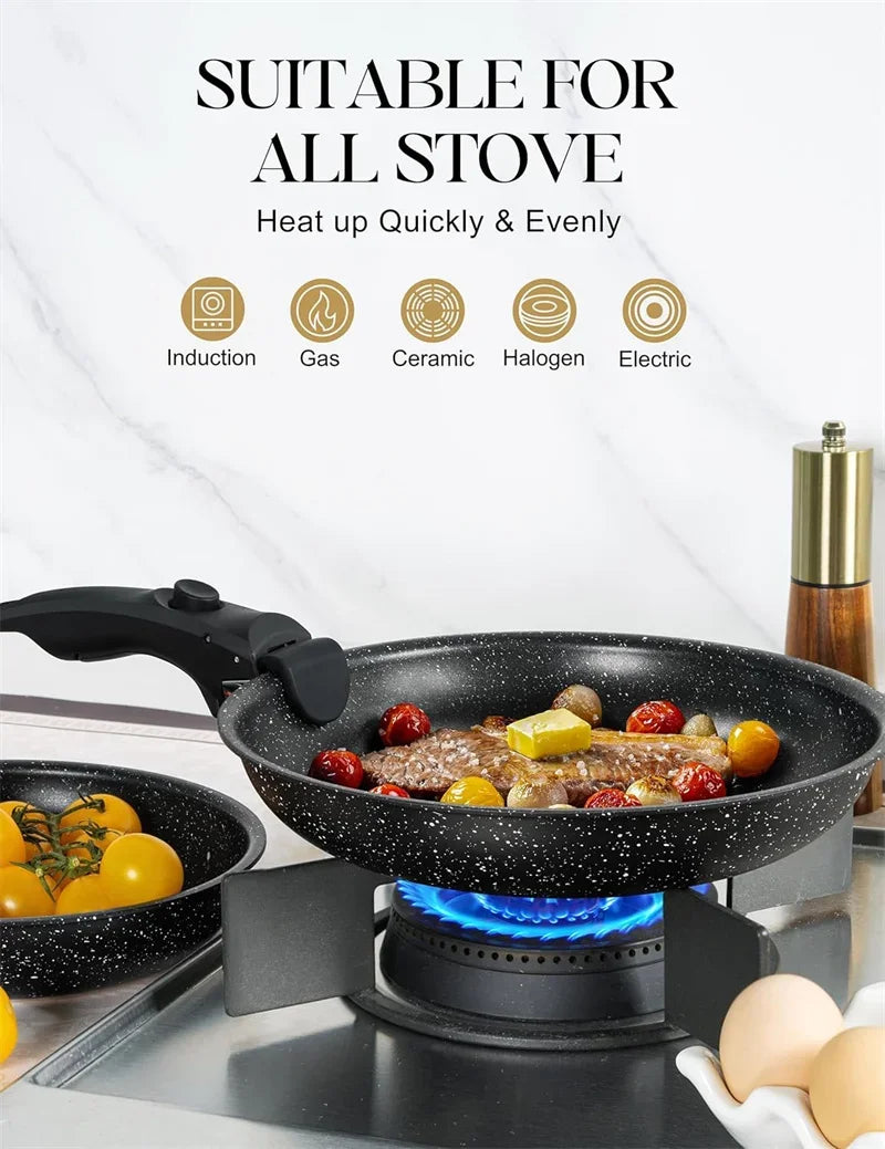 MICHELANGELO Padelle Antiaderenti Set Manico Rimovibile Padelle Rivestimento in Granito Padelle Non Tossicche Bistecca Frittata Padella Forno Sicuro