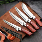ZENG 4-teiliges Edelstahl-Fleischermesser-Set mit rotem Kunstholzgriff und Lederscheiden für die Küche
