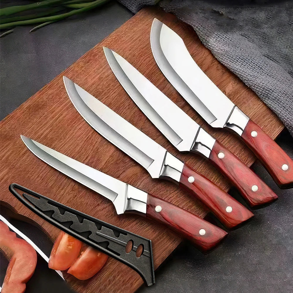 ZENG 4-teiliges Edelstahl-Fleischermesser-Set mit rotem Kunstholzgriff und Lederscheiden für die Küche