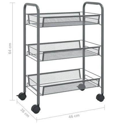 Grey 3-Tier Kitchen Trolley, 46x26x64 Cm, Iron Material, Sturdy and Thick Structure, Layered Organization, Flexible Universal Wheels, Rustproof and Wear-Resistant, Easy Installation, Organizer