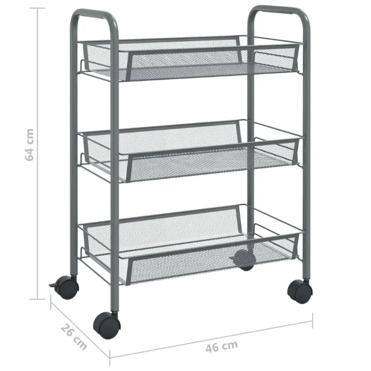 Carrello da Cucina a 3 Ripiani Grigio, 46x26x64 Cm, Materiale in Ferro, Struttura Robusta e Spessa, Organizzazione a Strati, Ruote Universali Flessibili, Antiruggine e Resistente all'Usura, Facile Installazione, Organizzatore
