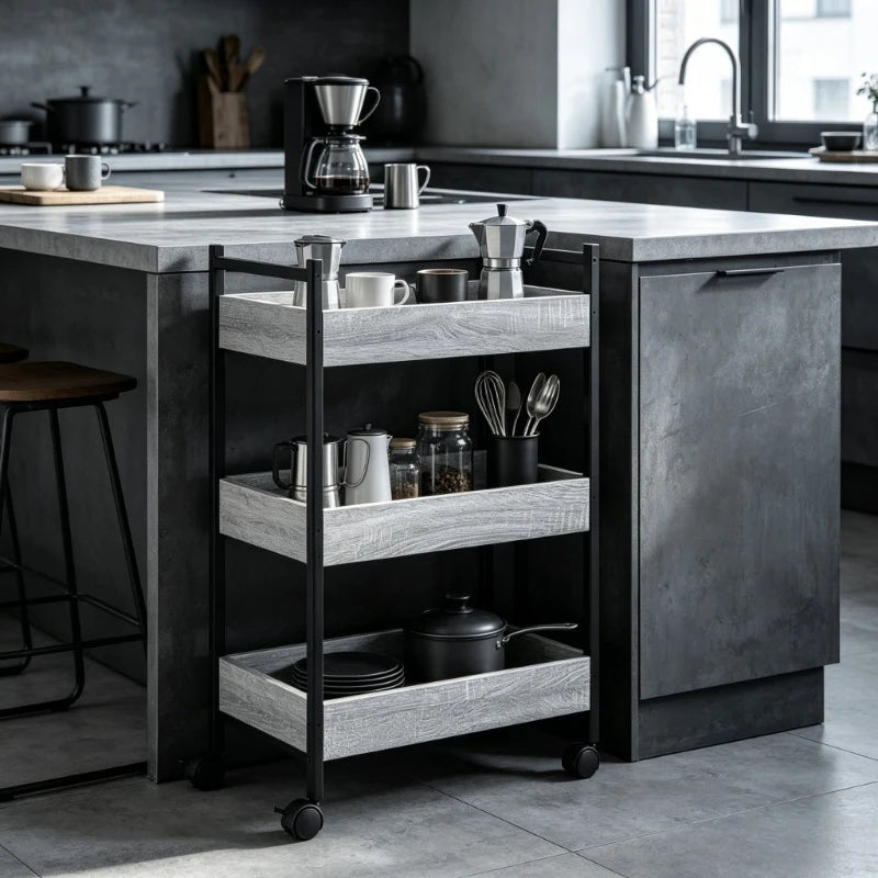 Carrello da Cucina a 3 Ripiani, Grigio Sonoma, 50x30x70 Cm, Materiale in Legno, Stile Nordico Minimalista, Struttura Solida e Stabile, Design con Scomparti, Salvaspazio, Facile Montaggio, Utilizzo in Cucina, Soggiorno, Camera