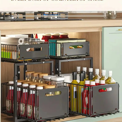 2-Tier Pull-Out Under-Sink Organizer, Adjustable Height, Carbon Steel Sliding Shelf for Kitchen and Bathroom