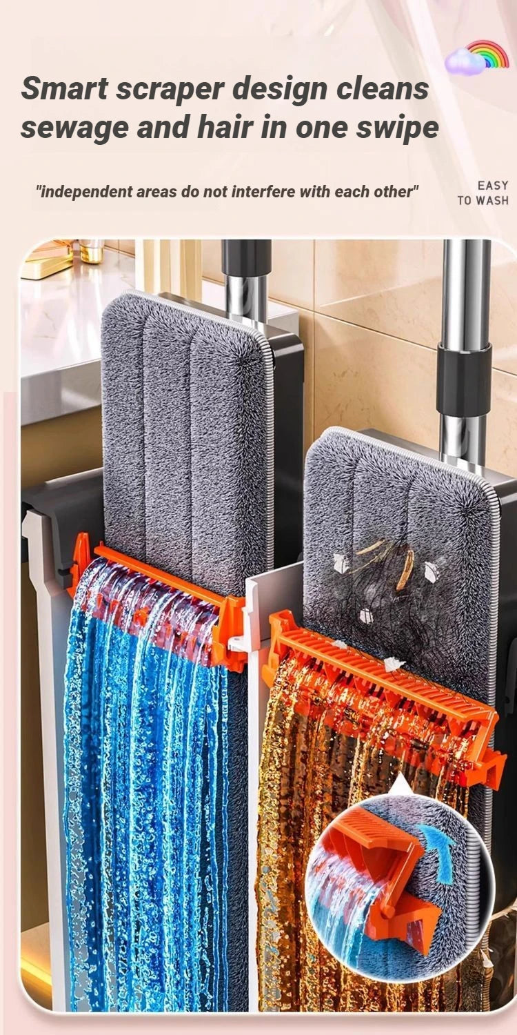 JOYBOS 40cm Flachwischmopp-Set „Hands Free“ mit Eimer, rotierender Bodenreiniger, waschbare Mikrofaser für Bad, WC und Zuhause
