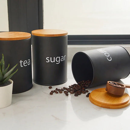 Metal Airtight Container Set for Coffee, Tea, and Sugar with Bamboo Lids, 3 Countertop Jars