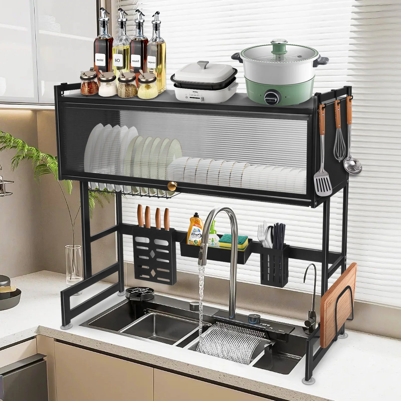 Scolapiatti da appoggio sopra il lavello, scaffale da cucina antiruggine con porta utensili e porta taglieri
