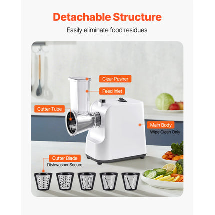 SucceBuy Electric Cheese and Salad Grater 200W, Electric Vegetable and Fruit Chopper with 5 Accessories