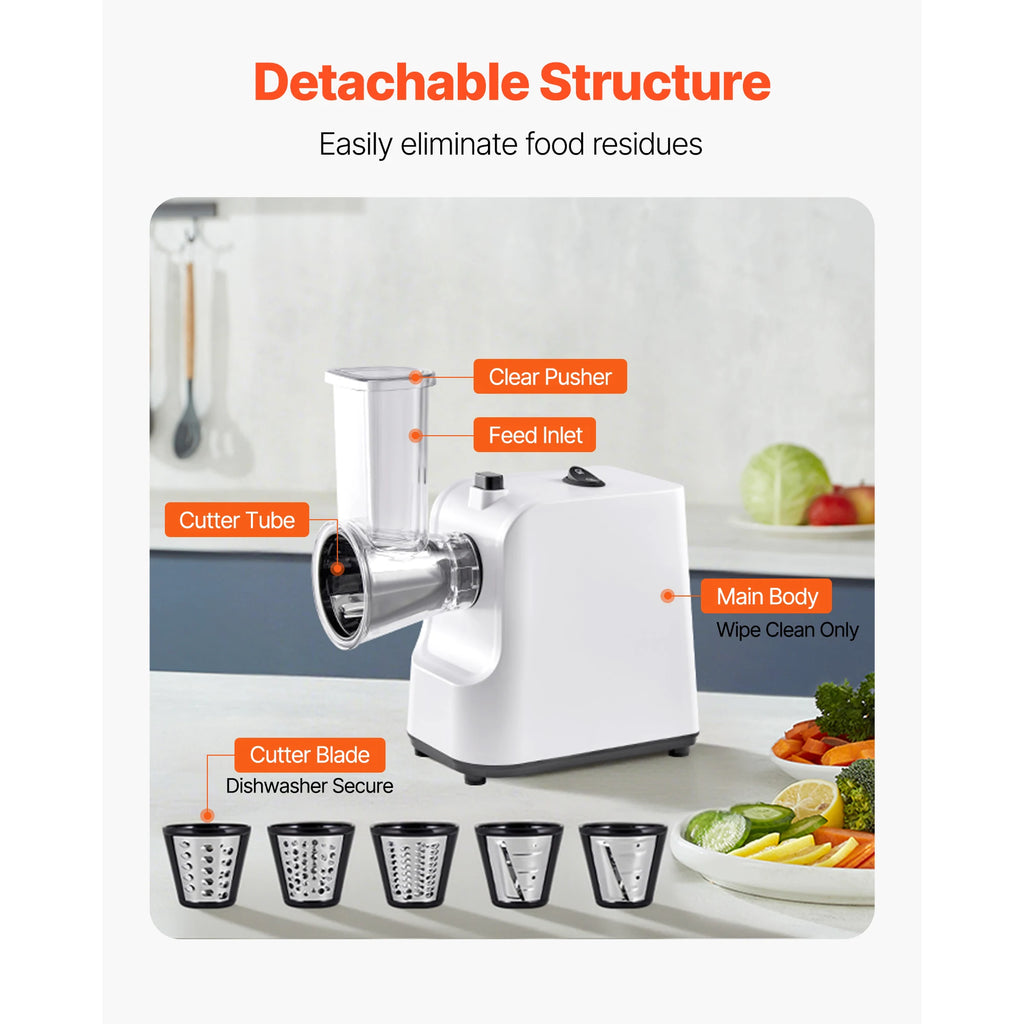 SucceBuy Elektrische Reibe für Käse und Salat 200W, Elektrischer Zerkleinerer für Gemüse und Obst mit 5 Aufsätzen