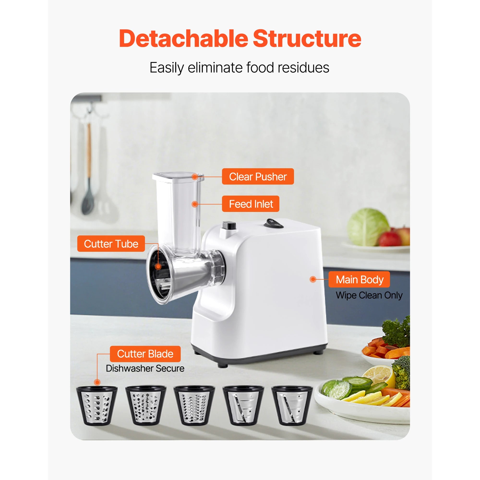 SucceBuy Elektrische Reibe für Käse und Salat 200W, Elektrischer Zerkleinerer für Gemüse und Obst mit 5 Aufsätzen