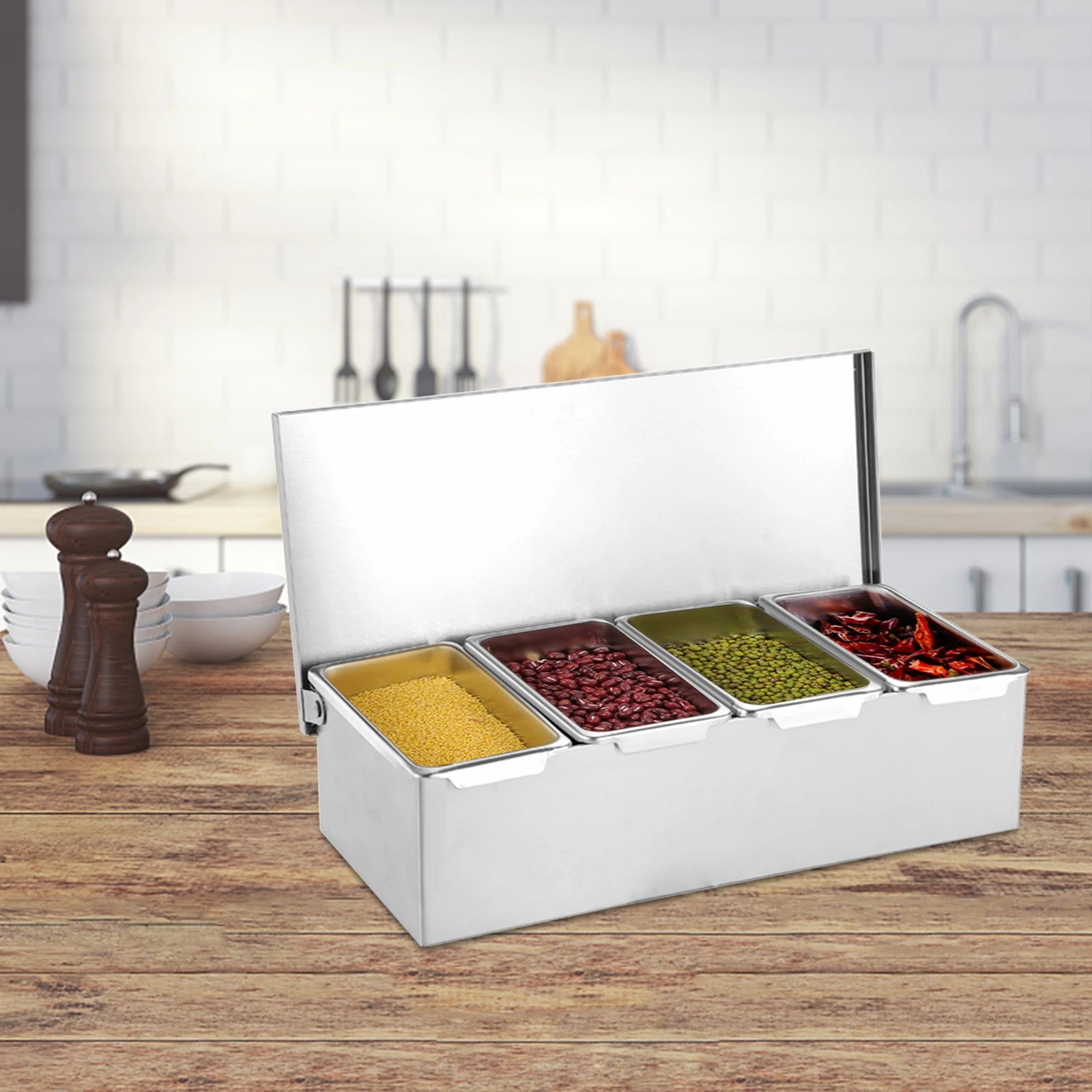 Silver Stainless Steel Fruit Box with 4 Compartments Household Fruit Storage Box Seasoning Box for Kitchens Restaurants Bars