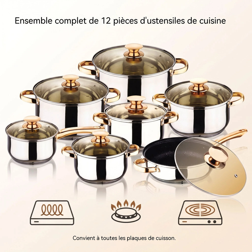 Set di 6 casseruole in acciaio inox per alimenti, con fondo a 5 strati, colore oro, ideali per cucinare, friggere e preparare zuppe.