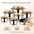 Set di 6 casseruole in acciaio inox per alimenti, con fondo a 5 strati, colore oro, ideali per cucinare, friggere e preparare zuppe.