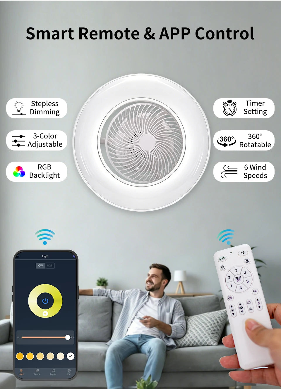 Ventilatore da soffitto da 100W con luce, controllo remoto tramite APP, lampada a LED dimmerabile a 360° °   Luce di sfondo RGB silenziosa girevole a 6 velocità per la casa