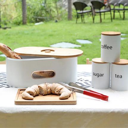Metal Airtight Container Set for Coffee, Tea, and Sugar with Bamboo Lids, 3 Countertop Jars