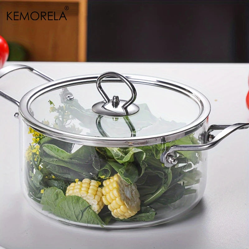 KEMORELA 1 STÜCK Glas Topf 2.5L/3.5L Hitzebeständiger Simmertopf Doppelgriff Töpfe mit Topfdeckel Borosilikatglas-Kochgeschirr